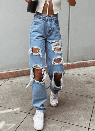 Jeans in denim effetto consumato da donna Pantaloni a tubo larghi casual dritti con foro strappato Street Style