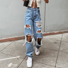 Jeans in denim effetto consumato da donna Pantaloni a tubo larghi casual dritti con foro strappato Street Style