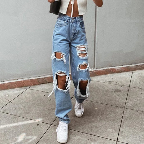 Jeans in denim effetto consumato da donna Pantaloni a tubo larghi casual dritti con foro strappato Street Style