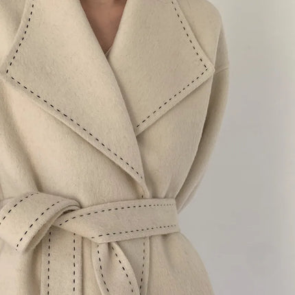 New Solid Korean Style Women Wool Coat Arch Needle Large Neck Versatile Fashion Texture Double Sided Trench Coats Female Winter