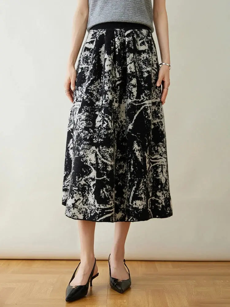 New 100% Pure Cashmere Half Skirt Women's Autumn Winter Mid-calf Knitted Full Skirt A-line High Waist Dress Retro Chinese Style PlatiNum