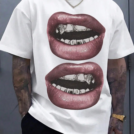 Men's short-sleeved T-shirt with lips print on front