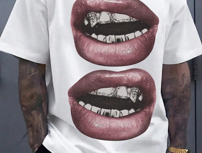 Men's short-sleeved T-shirt with lips print on front