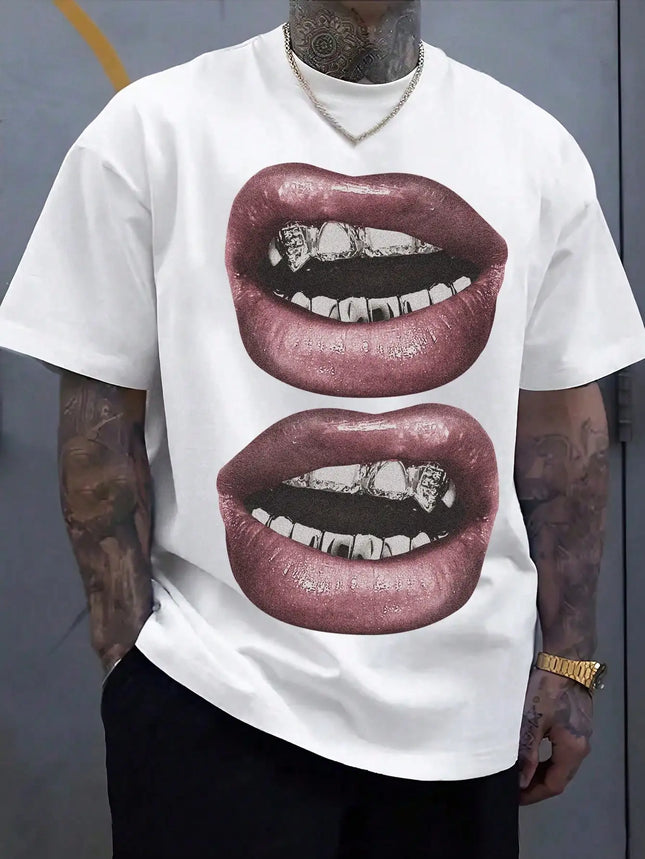 Men's short-sleeved T-shirt with lips print on front