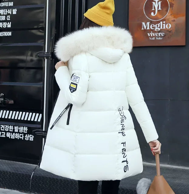 Women Winter Fur Collar Hooded Parka Coats Fashion Letter Patch Zipper Long Jacket Elegant Slim Warm Thick Female Snow Outerwear