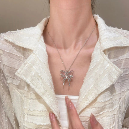 Y2K Sweet Cool Liquid Pink Butterfly Pendant Necklace Female Pink Zircon Water Drop Versatile Necklace Summer New Jewelry PlatiNum