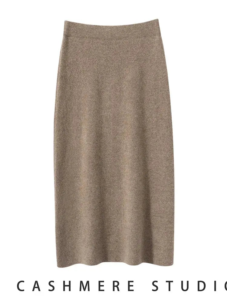 Luxury 100% Cashmere Mid-Calf Pencil Skirt Simple Basic Style Women Solid Color Autumn Winter High Waist Slimming Knitted Skirt PlatiNum