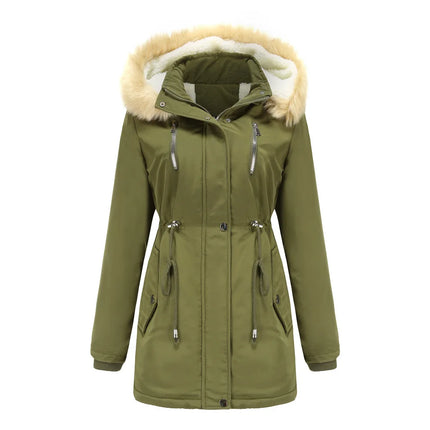 Women's Winter Coat Warm Fleece Lined Parka Detachable Faux Fur Hood Padded Jacket Slim Waist Thick Sherpa Loose Cotton Outwear
