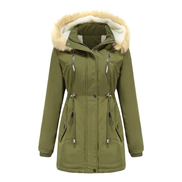Women's Winter Coat Warm Fleece Lined Parka Detachable Faux Fur Hood Padded Jacket Slim Waist Thick Sherpa Loose Cotton Outwear
