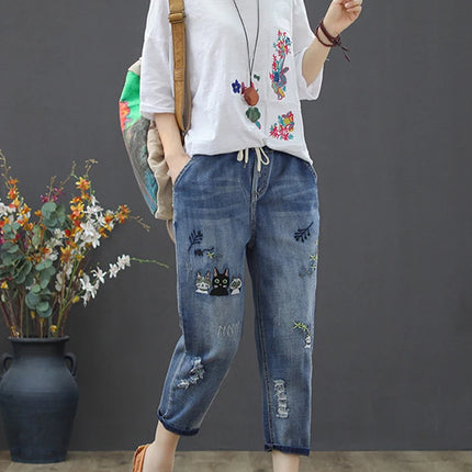 Amax luluE 2025 Moda Estate Streetwear Pantaloni in denim Donna Vintage Jeans elastici Donna Casual Allentato Ricamo Pantaloni Harem