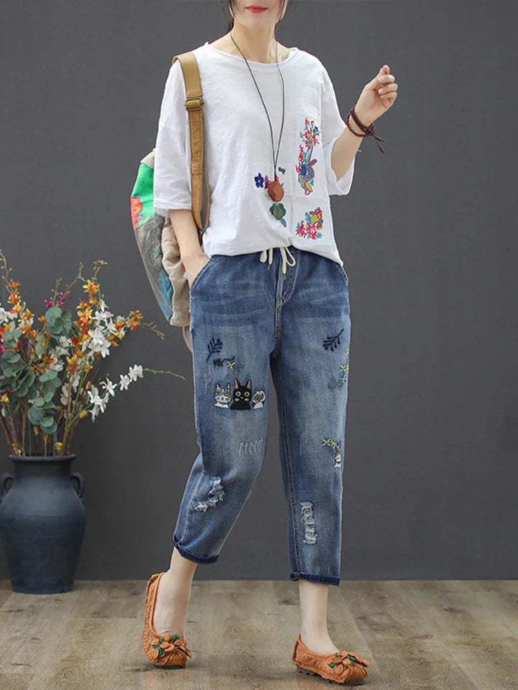 Amax luluE 2025 Moda Estate Streetwear Pantaloni in denim Donna Vintage Jeans elastici Donna Casual Allentato Ricamo Pantaloni Harem