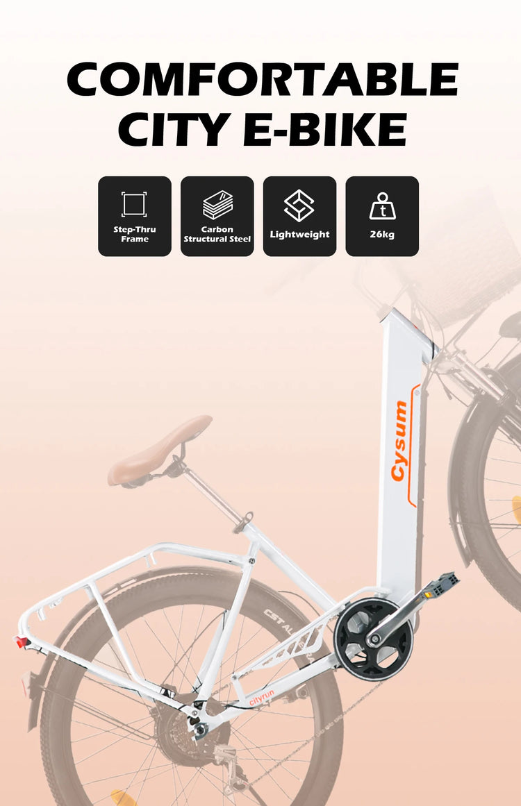 Bicicletta Elettrica Cityrun per Adulti, 26 Pollici, Unisex, Motore 250W, Batteria 36V/10Ah, Velocità Massima 25 km/h, Pedalata Assistita, Autonomia 70-90 km.