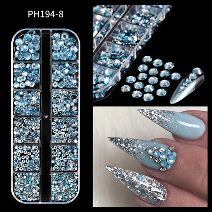 12 Grids Mixed Size Nail Rhinestones SS6 to SS30 Shiny Clear Gold Pink Blue Flat Back Glass Gems for DIY Nail Art Manicure Decoration Supply