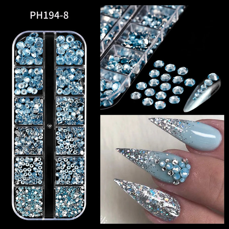 12 Grids Mixed Size Nail Rhinestones SS6 to SS30 Shiny Clear Gold Pink Blue Flat Back Glass Gems for DIY Nail Art Manicure Decoration Supply