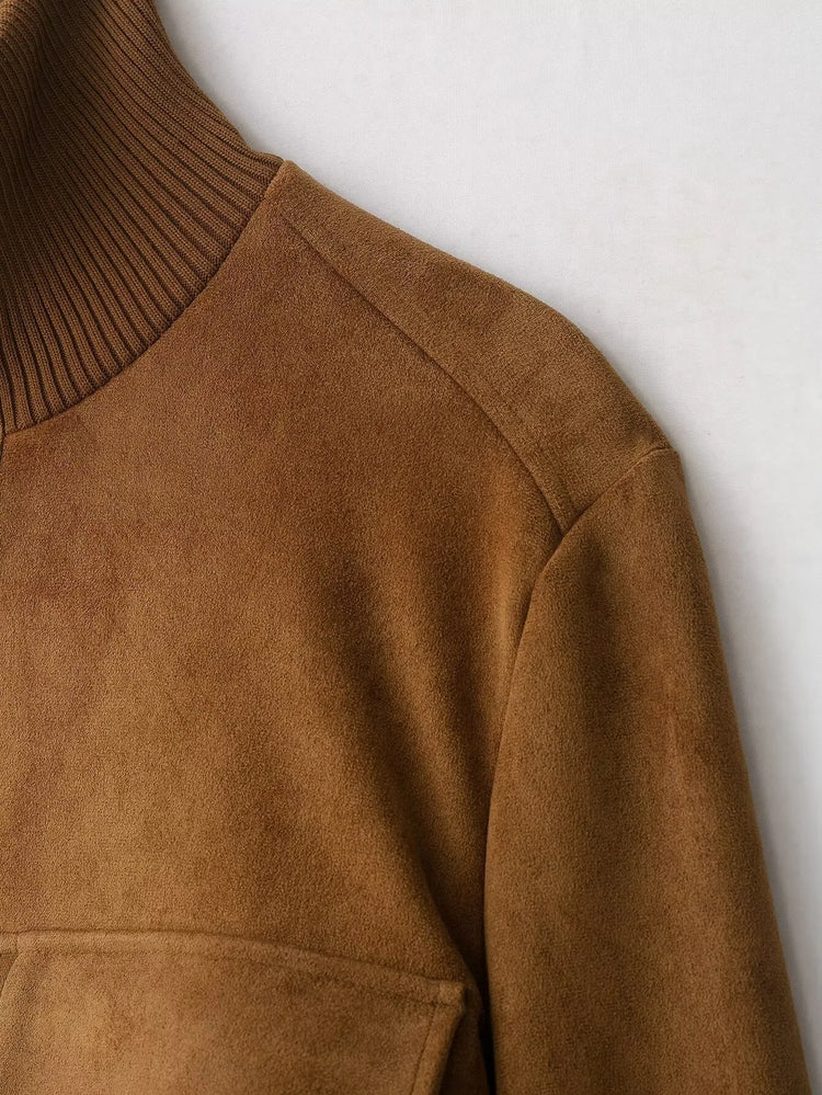 Ladies Short Vintage Faux Suede Autumn Winter Jacket Women Coat Stand-Collar Zip-up Field Trendy Streetwear Chic Jacket Female