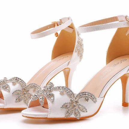 Sandalias de mujer de calidad femenina con diamantes de imitación de PU, tacón delgado de 7 cm, correa de hebilla, zapatos de vestir de estilo coreano para mujer, azul cielo maduro