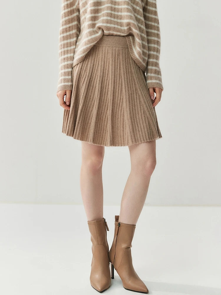 CHICUU Women's A-line Pleated Skirt 100% Cashmere Knit Mini Skirt Autumn Winter Preppy Style Above Knee Skirt Cashmere Knitwear PlatiNum