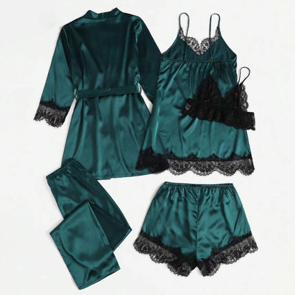 5 pezzi pigiama da notte in raso da donna set accappatoio lingerie sexy accappatoio abito da notte in seta di pizzo pantaloni indumenti da notte vestiti per la casa PJ