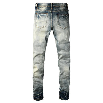 Men Pale Light Blue Biker Jeans Cracked Pleated Patch Patchwork Stretch Denim Pants Streetwear Holes Ripped Skinny Trousers PlatiNum