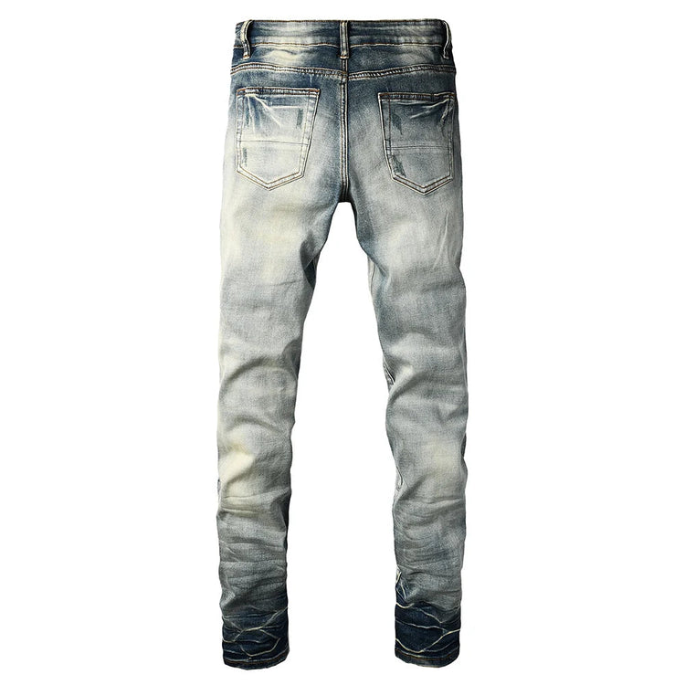 Men Pale Light Blue Biker Jeans Cracked Pleated Patch Patchwork Stretch Denim Pants Streetwear Holes Ripped Skinny Trousers PlatiNum