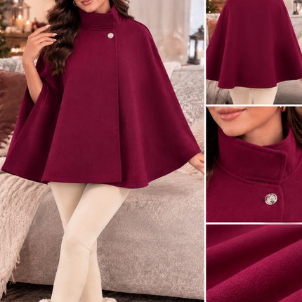 Women's Autumn and Winter Solid Color Elegant Cape with Gold Buttons and Belt Design