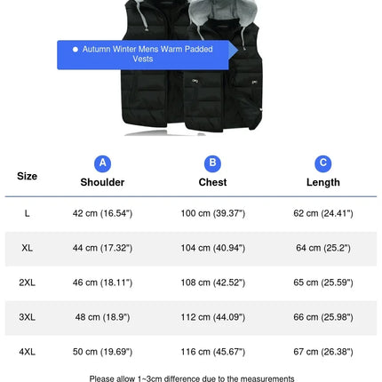 Autumn Winter Mens Warm Down Padded Vests Fashion Men Thermal Windbreaker Waistcoats Men Zipper Hooded Parkas Vests Clothing