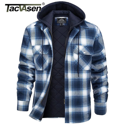 TACVASEN Men's Flannel Shirt Jacket with Removable Hood Plaid Quilted Lined Winter Coats Thick Hoodie Outwear Man Fleece Shirts