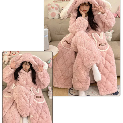 Women Winter Thickened Fleece Bathrobe Can Be Worn Outside Girls Student Hoodie Loose Pajama Two-piece Set Lady Warm Loungewear