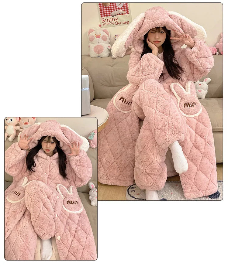 Women Winter Thickened Fleece Bathrobe Can Be Worn Outside Girls Student Hoodie Loose Pajama Two-piece Set Lady Warm Loungewear