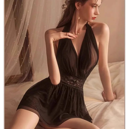 Sexy off-shoulder chiffon lingerie, deep V-neck backless dress, pajamas, uniforms, sheer nightgowns, temperament lingerie.
