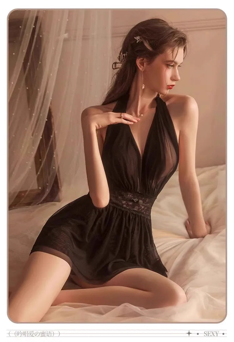 Sexy off-shoulder chiffon lingerie, deep V-neck backless dress, pajamas, uniforms, sheer nightgowns, temperament lingerie.