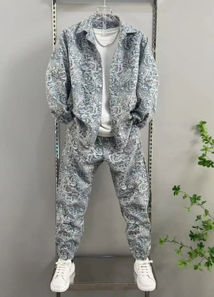 New Spring and Autumn Men's Casual Suit Lapel Jacquard Shirt Trousers Two-piece Set Comfortable Loose PlatiNum