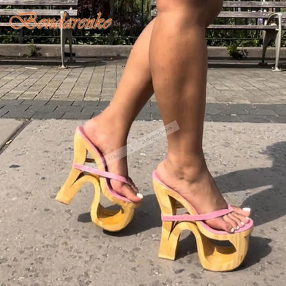 Strange Style High Heels Sandals Straps Slip On Hollow Sexy Ladies Sandals Summer Shoes Designer Party Casual Open Toe Fashion