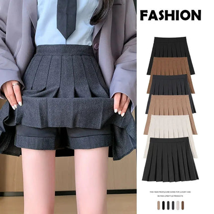 Autumn Winter Woolen Pleated Skirts Women New Korean High Waist Slimming Mini Skirt Ladies Preppy Style Side Zipper A-Line Skirt PlatiNum