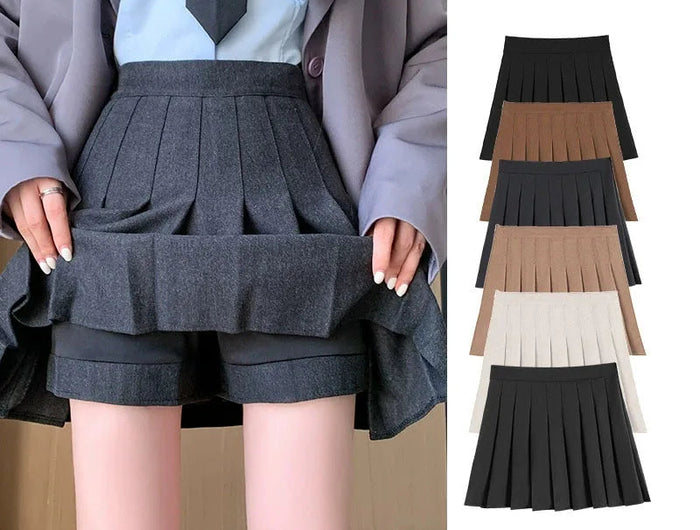 Autumn Winter Woolen Pleated Skirts Women New Korean High Waist Slimming Mini Skirt Ladies Preppy Style Side Zipper A-Line Skirt PlatiNum