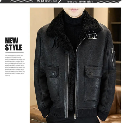 2025 Winter Fur Integrated Leather Jacket Men Thick Velvet Imitation Fur Leather Coat Loose Motorcycle Coat Casual Streetwear