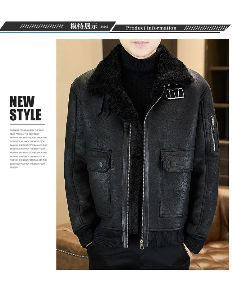 2025 Winter Fur Integrated Leather Jacket Men Thick Velvet Imitation Fur Leather Coat Loose Motorcycle Coat Casual Streetwear