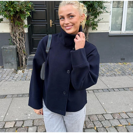 Elegant Women's Belt Short Woolen Coats Loose Stand Collar Single-breasted Long Sleeve Jacket 2026 Autumn Lady Commute Outwear