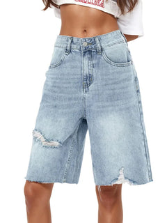 Benuynffy Bf Style Raw Hem Denim Shorts Women's Streetwear High Waist Hip Hop Loose Ripped Straight Wide Leg Half Shorts Jeans