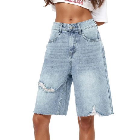 Benuynffy Bf Style Raw Hem Denim Shorts Women's Streetwear High Waist Hip Hop Loose Ripped Straight Wide Leg Half Shorts Jeans PlatiNum