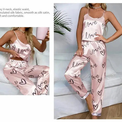Pigiama da donna in raso di seta set lettera stampa Cami Vest Shirt con pantaloni Sleepwear Ladie Sexy pigiama Lingerie pigiama da notte platinumshop