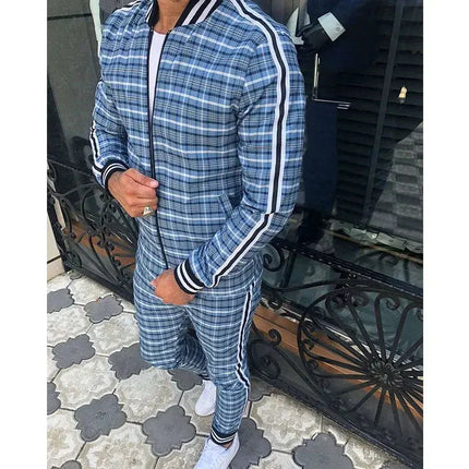 2025 Men Tracksuit 2pc Set Gym Hiking Plaid Zipper Hoodie Cargo Pants Autumn Athleisure Outfit Fleece Jogger Sportswear PlatiNum