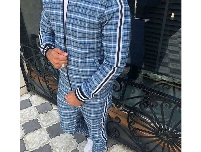 2025 Men Tracksuit 2pc Set Gym Hiking Plaid Zipper Hoodie Cargo Pants Autumn Athleisure Outfit Fleece Jogger Sportswear PlatiNum