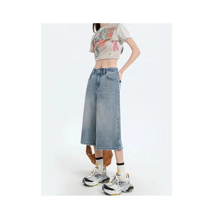 Women's Vintage Wide Leg Denim Capri Pants Shorts Summer New Plus Size Tummy Control Loose Straight Leg Casual Streetwear PlatiNum