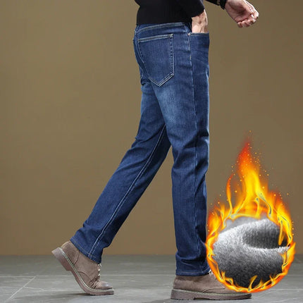 Autumn Winter Men Fleece Jeans Slight‑stretch Slim Straight Washed Thick Warm Denim Pants Luxury Outdoor Commute Casual Trousers