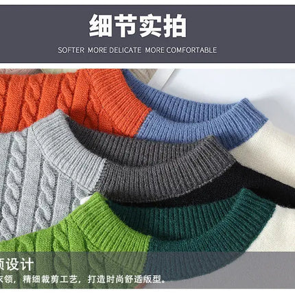 Autumn Winter Warm Mens Knitted Sweaters Fashion Patchwork O Neck Knit Pullovers Korean Streetwear Pullover Casual Mens Clothing
