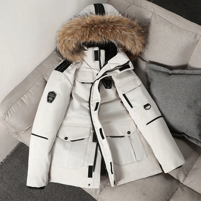Winter Men's Warm Mountain SKi Parkas Fashion Men Fur Collar Mid-Long Down Padded Coats Men Windbreaker Thermal Hooded Jackets