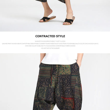 Pantaloncini Estivi Harajuku Larghi con Stampa, Traspiranti, Casual, Lunghezza al Polpaccio, Nuovi Pantaloni da Uomo in Cotone e Lino Oversize Stile Lanterna