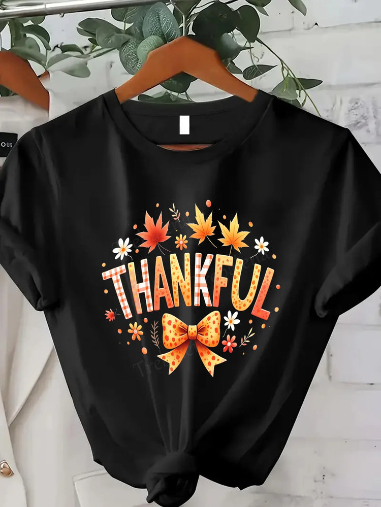 Comoda maglietta con stampa da donna T-shirt con foglie autunnali di ringraziamento T-shirt grafica stagionale autunnale da donna