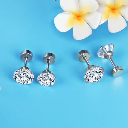 LUXUSTEEL 1Pairs/2Pcs Stainless Steel Crystal Studs Earrings For Women Men 4 Prong Tragus Round Clear Cubic Zirconia Ear Jewelry PlatiNum